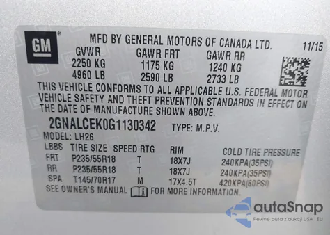 2016 Chevrolet Equinox Lt z USA, uszkodzony, nr VIN 2GNALCEK0G1130342